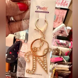 Gold  Filled Fashion Initial Bag Charm Keychain with Rhinestones